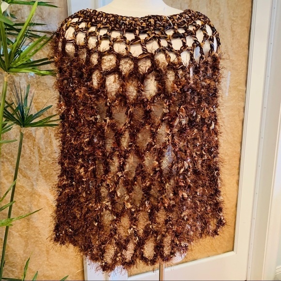Open-weave Eyelash Yarn Boho Loose Knit Festival Pullover Poncho Sweater Top OS - Picture 1 of 8
